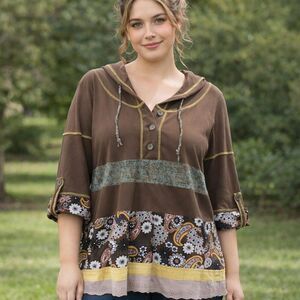 Lulumari Top Pull Over Hood 100% Cotton Boho Cottagecore Floral Patchwork L